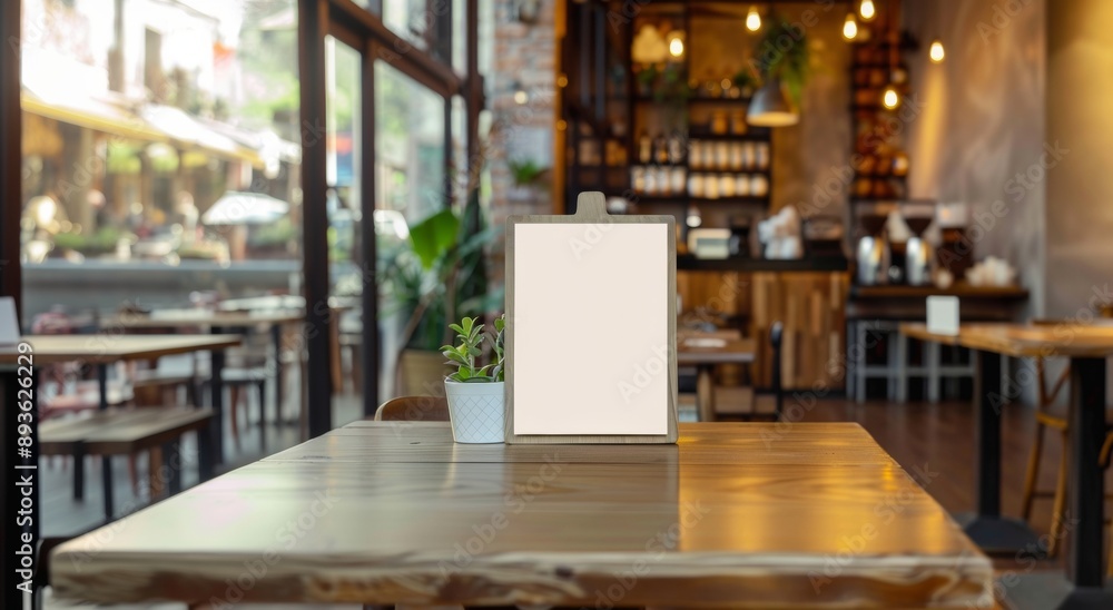 Blank menu board on wooden table in cozy cafe interior. With copy space for text. Blank menu board on wooden table in cozy cafe interior. With copy space for text.
