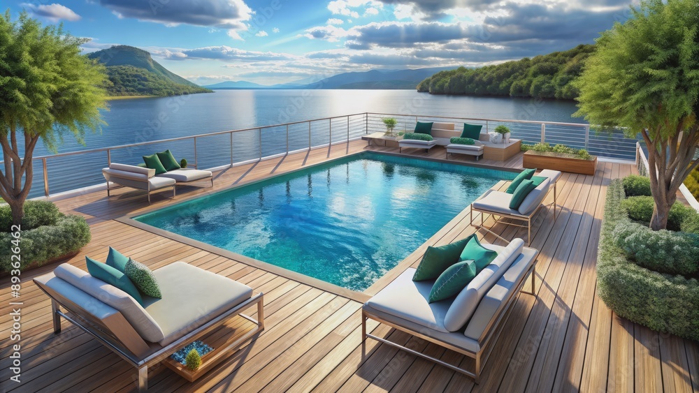 Fototapeta premium Sparkling turquoise water and sleek lounge chairs surround a tranquil pool oasis, nestled among plush greenery, on the luxurious deck of a ocean-going vessel.