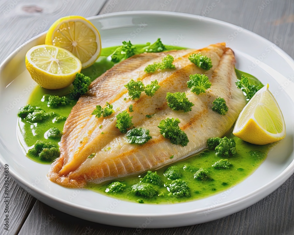 Freshly prepared plaice fillet served with a side of vibrant green sauce, garnished with chopped parsley and lemon, on a white ceramic plate. Freshly prepared plaice fillet served with a side of vibrant green sauce, garnished with chopped parsley and lemon, on a white ceramic plate.
