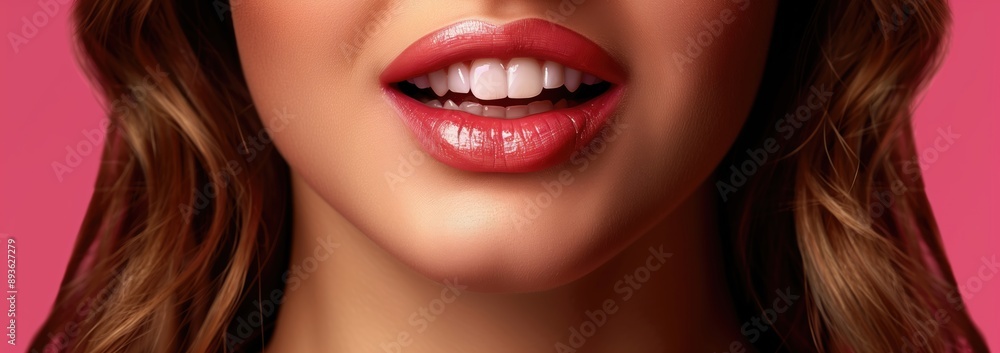 Closeup women smile showing white tooth with empty background. Dentist care concept. Closeup women smile showing white tooth with empty background. Dentist care concept.