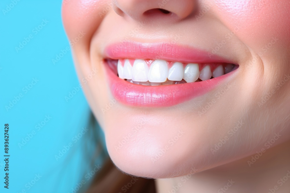 Fototapeta premium Closeup women smile showing white tooth with empty background. Dentist care concept.