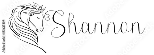 Shannon - colore nero - nome scritto - grafica vettoriale con cavallo stilizzato con cuore - per siti web, auguri, banner, cartoline, tag, t-shirt, felpa, stampe, cricut, silhouette, scrapbooking