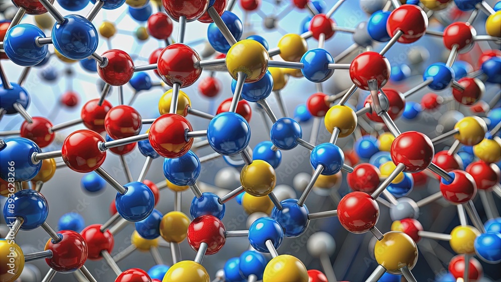 Vibrant molecular structures featuring red, blue, and yellow spheres interconnected by thin grey bonds, showcasing chemical compound architecture in a colorful, stylized representation. Vibrant molecular structures featuring red, blue, and yellow spheres interconnected by thin grey bonds, showcasing chemical compound architecture in a colorful, stylized representation.