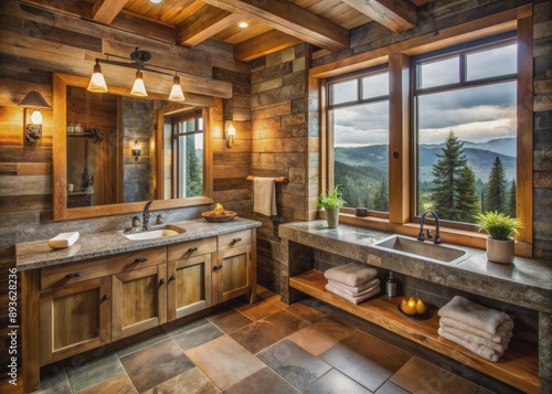 Wallpaper Mural Cozy mountain cabin bathroom seamlessly merges nature with raw timber accents, rugged slate tile flooring, and warm lighting, evoking a soothing rustic retreat ambiance. Torontodigital.ca