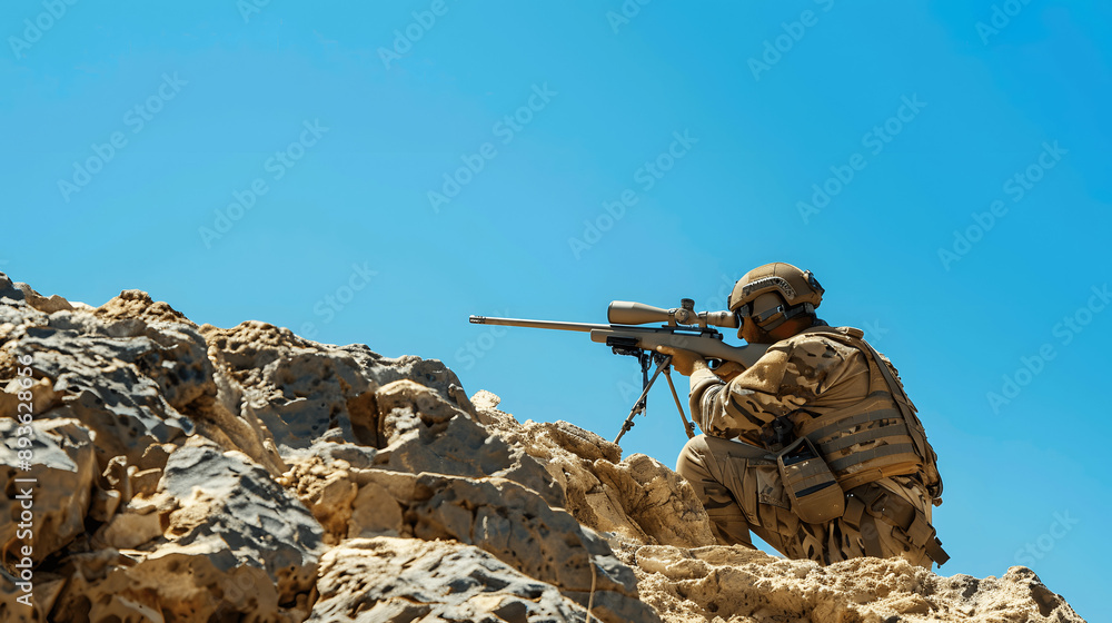 Long Range Marksman Rifles Marksman in desert camouflage on rocky outcrop with long-range rifle ...