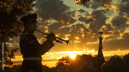 Bugler playing taps at memorial service with sunset background
