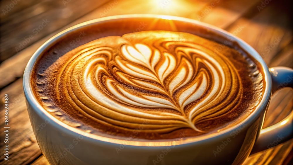 Creamy textured latte art coffee surface, soft and velvety, with intricate swirling patterns, invitingly steaming hot, in warm golden morning light. Creamy textured latte art coffee surface, soft and velvety, with intricate swirling patterns, invitingly steaming hot, in warm golden morning light.