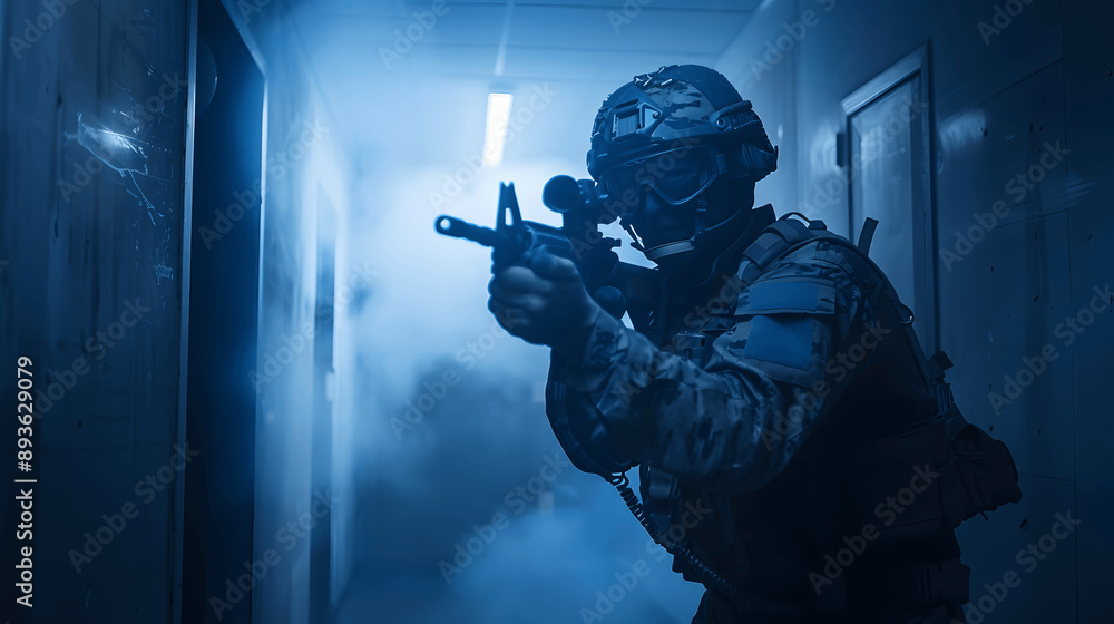 Soldier entering room during tactical room clearing exercise Soldier entering room during tactical room clearing exercise