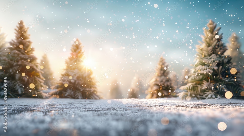 Christmas background with Christmas trees and toys, blue sky, snow falling Christmas background with Christmas trees and toys, blue sky, snow falling