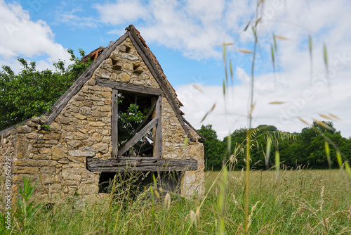 Old dilapidated and overgrown barn built of natural stone between Cornac and Saint-Céré Lot Occitanie in Southern France in summer under a blue sky with clouds photo