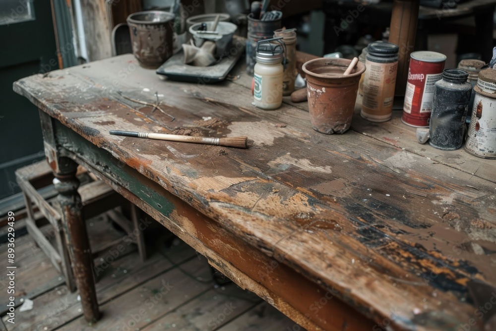 A weathered wooden workbench is littered with various art supplies and tools, giving off a rustic feel of creativity and craftsmanship in a cluttered workspace. A weathered wooden workbench is littered with various art supplies and tools, giving off a rustic feel of creativity and craftsmanship in a cluttered workspace.