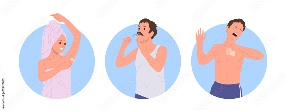 People showing different ways to remove superfluous hair from body skin round composition set People showing different ways to remove superfluous hair from body skin round composition set