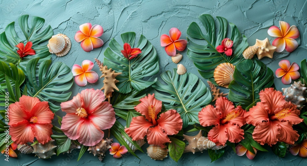 Fototapeta premium Tropical Lei Garland Decoration, Ocean Themed Art, Pineapple and Flowers, Colorful Floral Arrangement