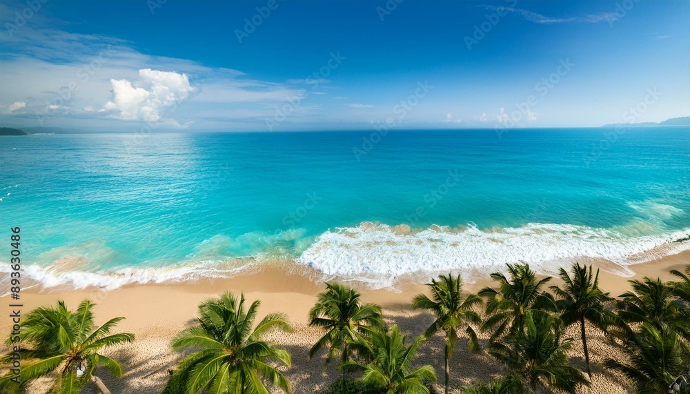 Aerial top view on sand ocean beach with palm trees. Summer vacation paradise concept. Generative AI Aerial top view on sand ocean beach with palm trees. Summer vacation paradise concept. Generative AI