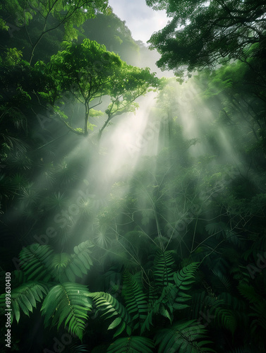 Dense forest with rays of sunlight filtering through the trees