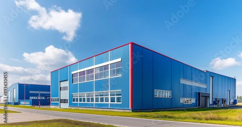 Exterior of an industrial warehouse dock station with blue walls and red edges, surrounded by green grass. Commercial storehouse building, business unit, cargo factory, distribution, logistics.