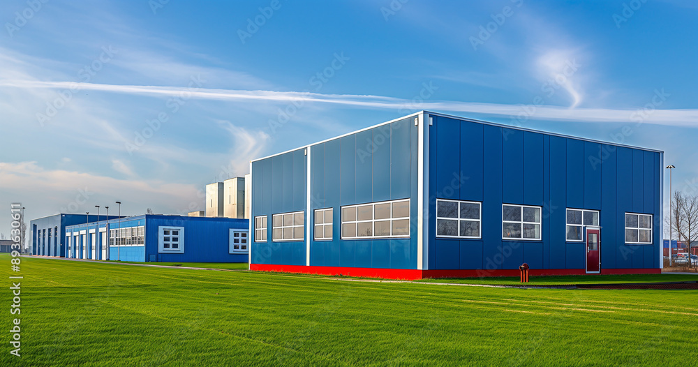 Exterior of an industrial warehouse dock station with blue walls and red edges, surrounded by green grass. Commercial storehouse building, business unit, cargo factory, distribution, logistic Exterior of an industrial warehouse dock station with blue walls and red edges, surrounded by green grass. Commercial storehouse building, business unit, cargo factory, distribution, logistic
