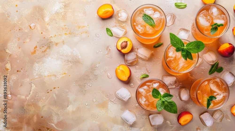 Icy apricot nectar with mint garnish and ice cubes on a rustic background Icy apricot nectar with mint garnish and ice cubes on a rustic background