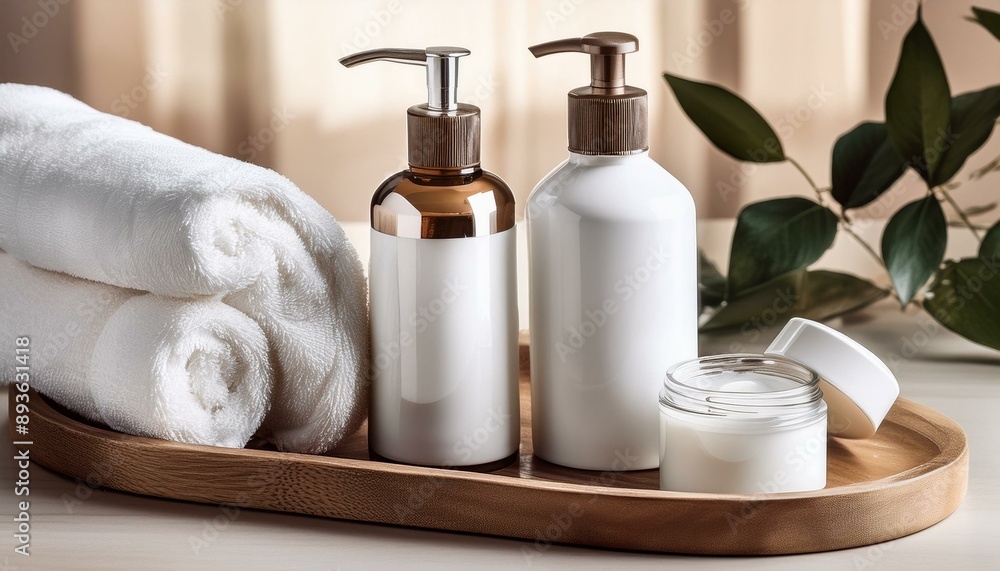 Body care products on rustic tray Body care products on rustic tray