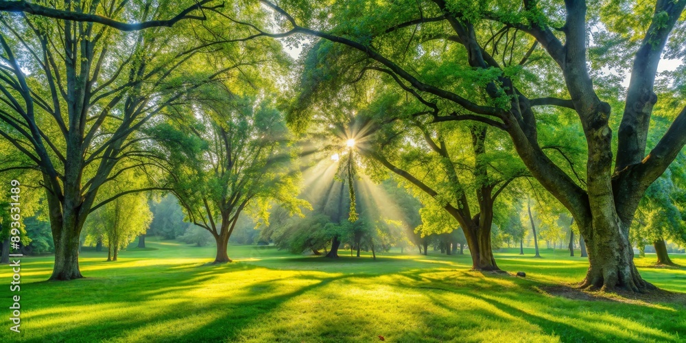 Obraz premium Sunbeams Through Trees in a Green Meadow