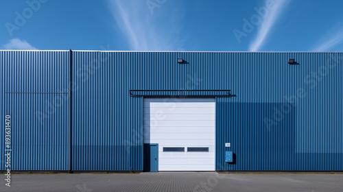 Exterior a blue industrial warehouse dock station exterior with blue metal cladding and white garage door. Commercial storehouse building, business unit, cargo factory, distribution, logistic business
