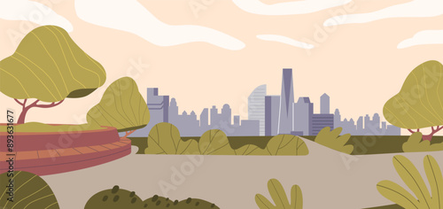 Serene City Park Featuring Green Trees And Plants With A Modern Urban Skyline In The Background, Cartoon Illustration