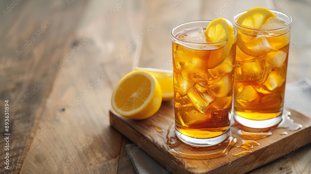 Two drinks on a cutting board: iced tea, lemonade, lemon slices Two drinks on a cutting board: iced tea, lemonade, lemon slices