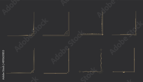 Celestial corner esoteric divider, gold border. Mystical line frame with moon and star. Golden mystic decoration, sparkle stars, sun. 