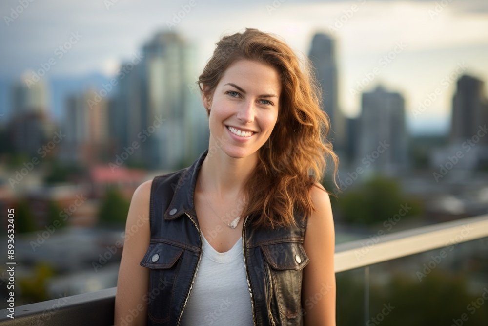 Portrait of a grinning woman in her 30s dressed in a polished vest in front of vibrant city skyline Portrait of a grinning woman in her 30s dressed in a polished vest in front of vibrant city skyline