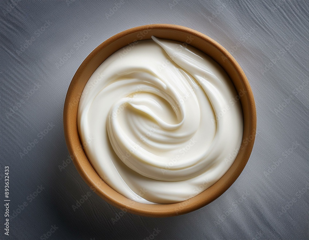 Close up of white natural creamy vanilla yogurt. Top view. Generative AI Close up of white natural creamy vanilla yogurt. Top view. Generative AI
