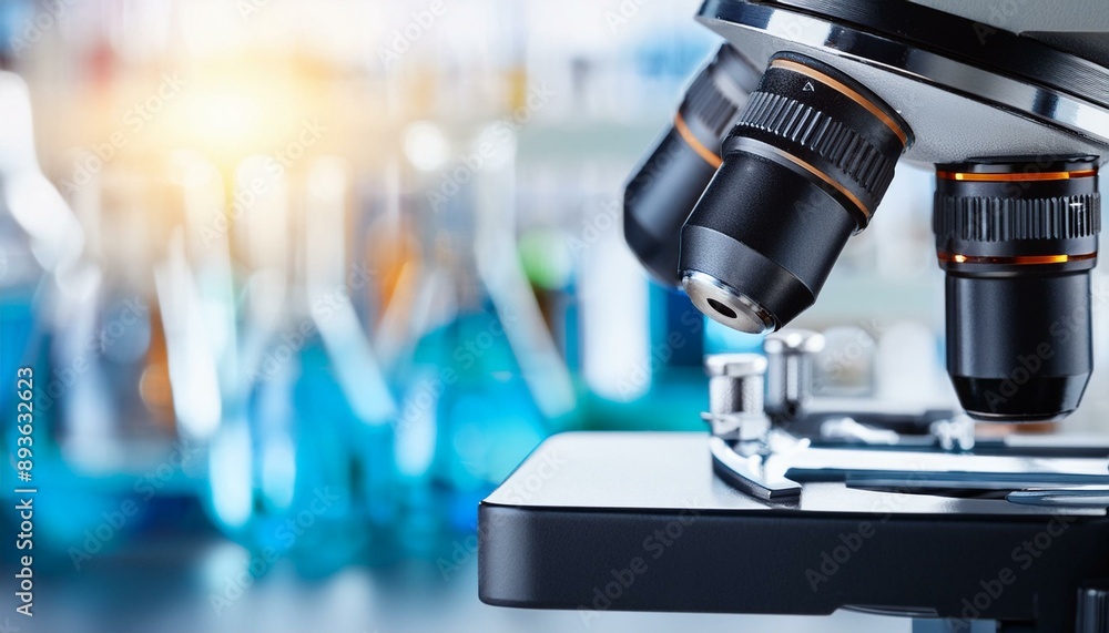 Close-up of microscope with metal lens at modern scientific laboratory backdrop. Medical research concept Generative AI Close-up of microscope with metal lens at modern scientific laboratory backdrop. Medical research concept Generative AI