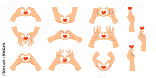 Various Hand Gestures Forming Heart Shapes With Red Heart Icons. Image Symbolizes Love, Care, And Affection