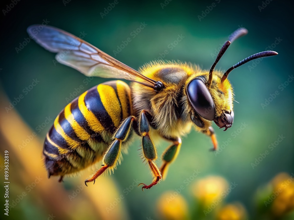 Vibrant yellow and black striped bee in mid-air, blurred wings beating rapidly, intense gaze, furry body, and delicate details frozen in stunning macro photography. Vibrant yellow and black striped bee in mid-air, blurred wings beating rapidly, intense gaze, furry body, and delicate details frozen in stunning macro photography.