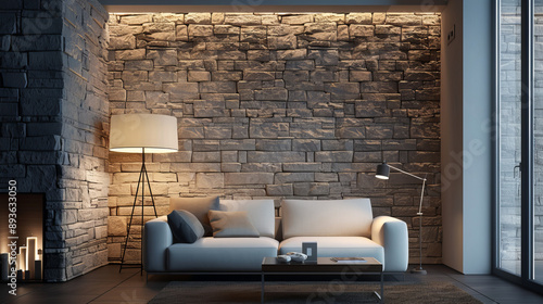 Stylish living room features a sleek stone wall and a contemporary lamp, showcasing sophisticated interior design.