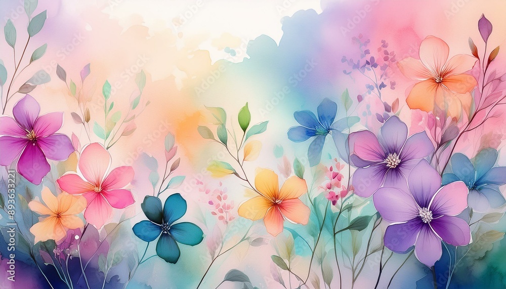 Obraz premium Elegant tiny flowers transparent watercolour background. Pastel colour palette. Generative AI