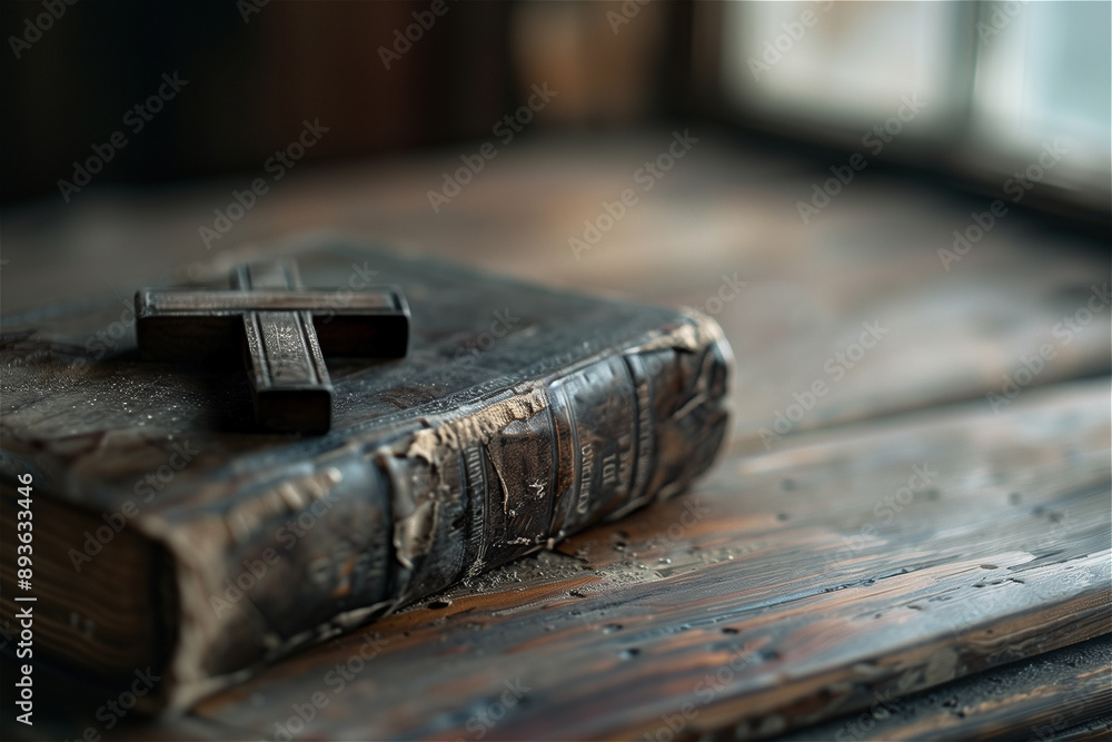An old wooden cross sits on top of an old Bible. An old wooden cross sits on top of an old Bible.