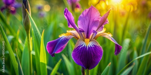 Vibrant purple iris flower with delicate petals and golden center standing tall amidst lush green foliage in a serene and tranquil natural setting.