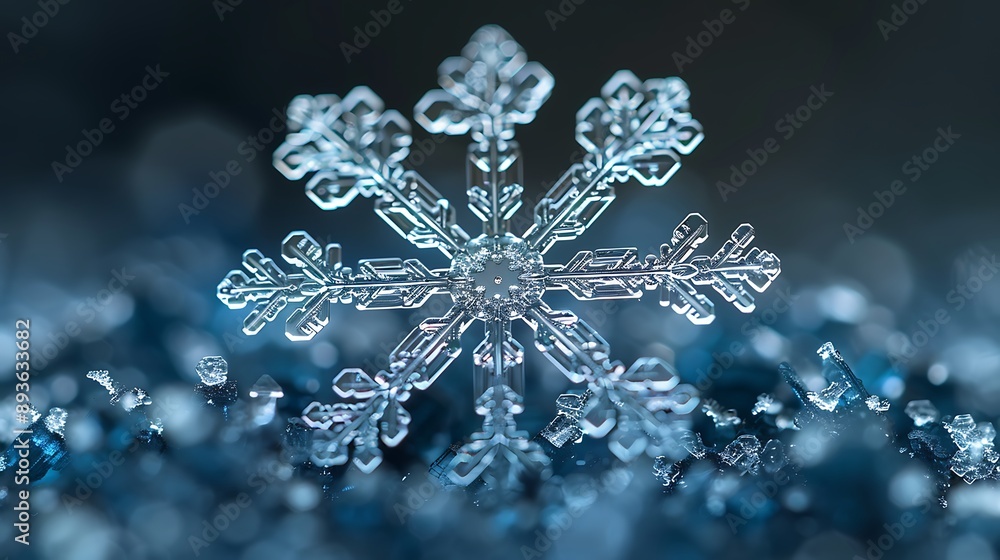 Extreme macro shot of a snowflake on dark background, intricate crystalline structure visible, shallow depth of field highlighting central pattern, shot on professional DSLR camera, 