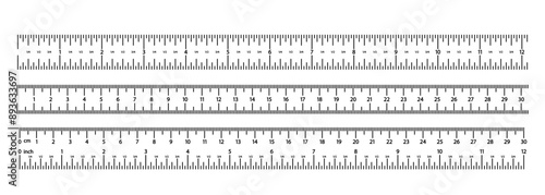 Image Of Three Linear Vector Measuring Rulers Are Marked With Both Inches And Centimeters, Measurement Tools