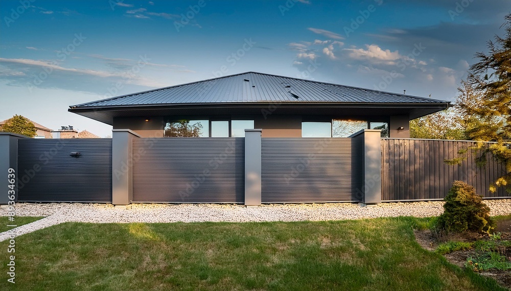 Metal facade trim with dark aluminum panels. Modern house facade and roof Metal facade trim with dark aluminum panels. Modern house facade and roof