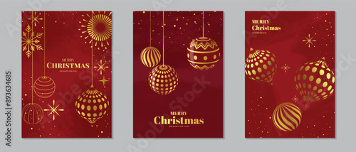 Merry Christmas and Happy New Year Set of greeting cards, posters, holiday covers or banners, Modern Xmas design with geometric pattern in red and gold colors. Christmas ball background. Eps 10 vector