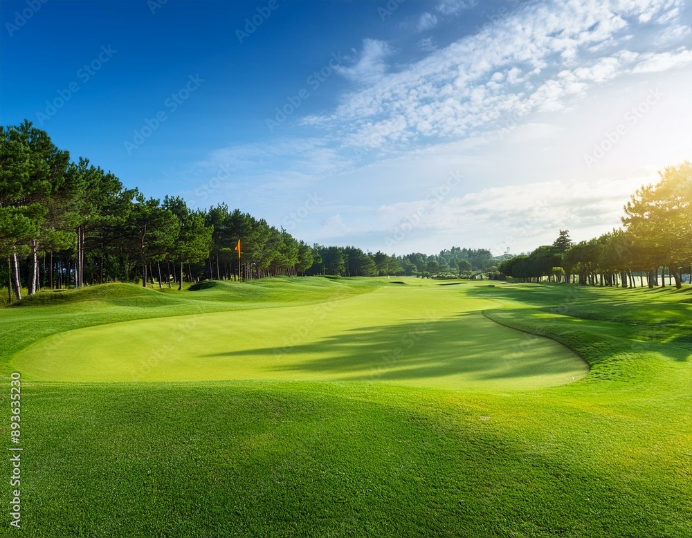 Obraz premium Panoramic view of Golf Course. Golf field with a rich green turf beautiful scenery. Generative AI