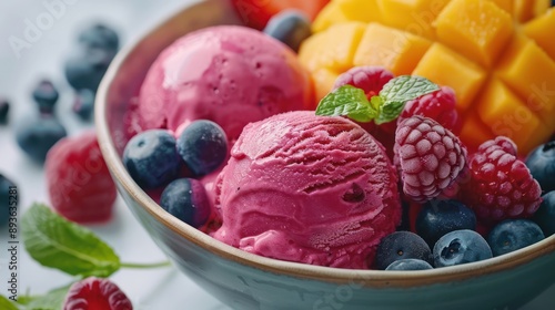 A vibrant fruit sorbet bowl with raspberry, mango, and blueberry scoops