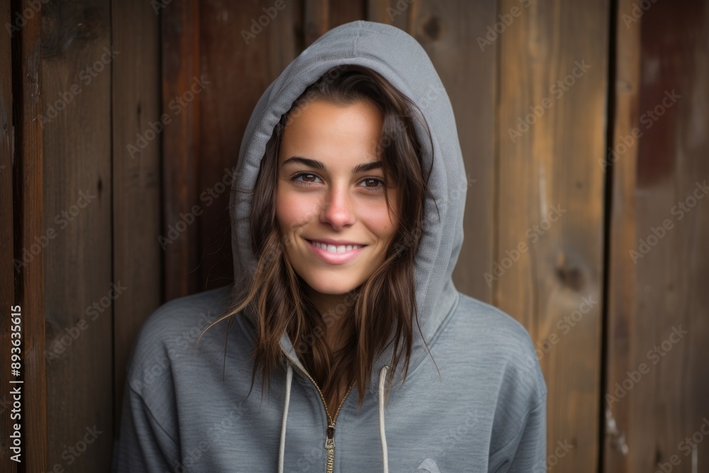 Portrait of a grinning woman in her 30s sporting a comfortable hoodie over rustic wooden wall Portrait of a grinning woman in her 30s sporting a comfortable hoodie over rustic wooden wall