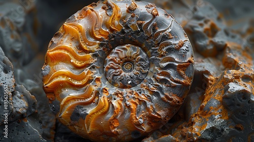 Ultra-detailed image of a fossilized ammonite, spiral chambers and suture patterns in focus, mineralizations creating vibrant colors, shot on professional DSLR camera,  photo