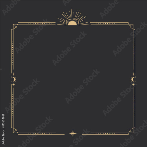 Gold celestial minimal esoteric frame, thin line border, mystyc linear decoration with dots, moon, stars corners isolated on dark background. Geometric shape, tarrot 