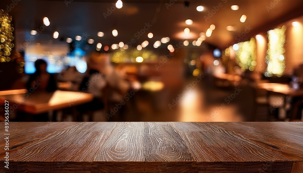 Table restaurant. Wooden kitchen or bar table on blurred interior of the evening restaurant hall with lights and visitors. Table restaurant. Wooden kitchen or bar table on blurred interior of the evening restaurant hall with lights and visitors.