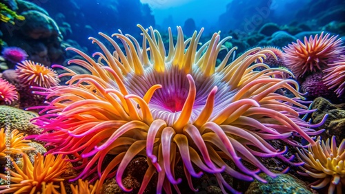 Vibrant sea anemone with delicate tentacles and brightly colored petals sways gently amidst coral formations on a thriving ocean reef ecosystem.