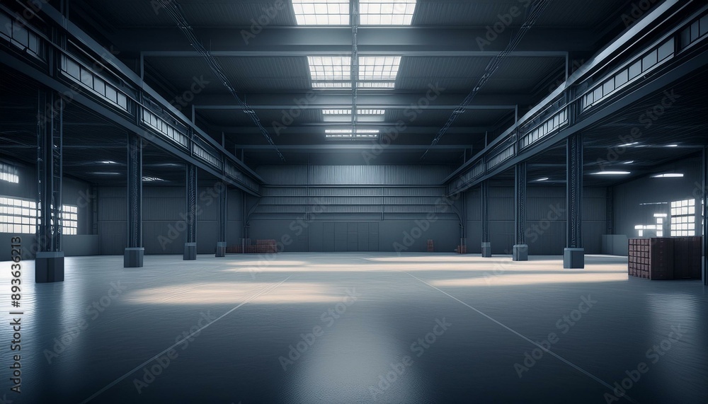 Three dimensional render of dark empty warehouse. AI generated Three dimensional render of dark empty warehouse. AI generated