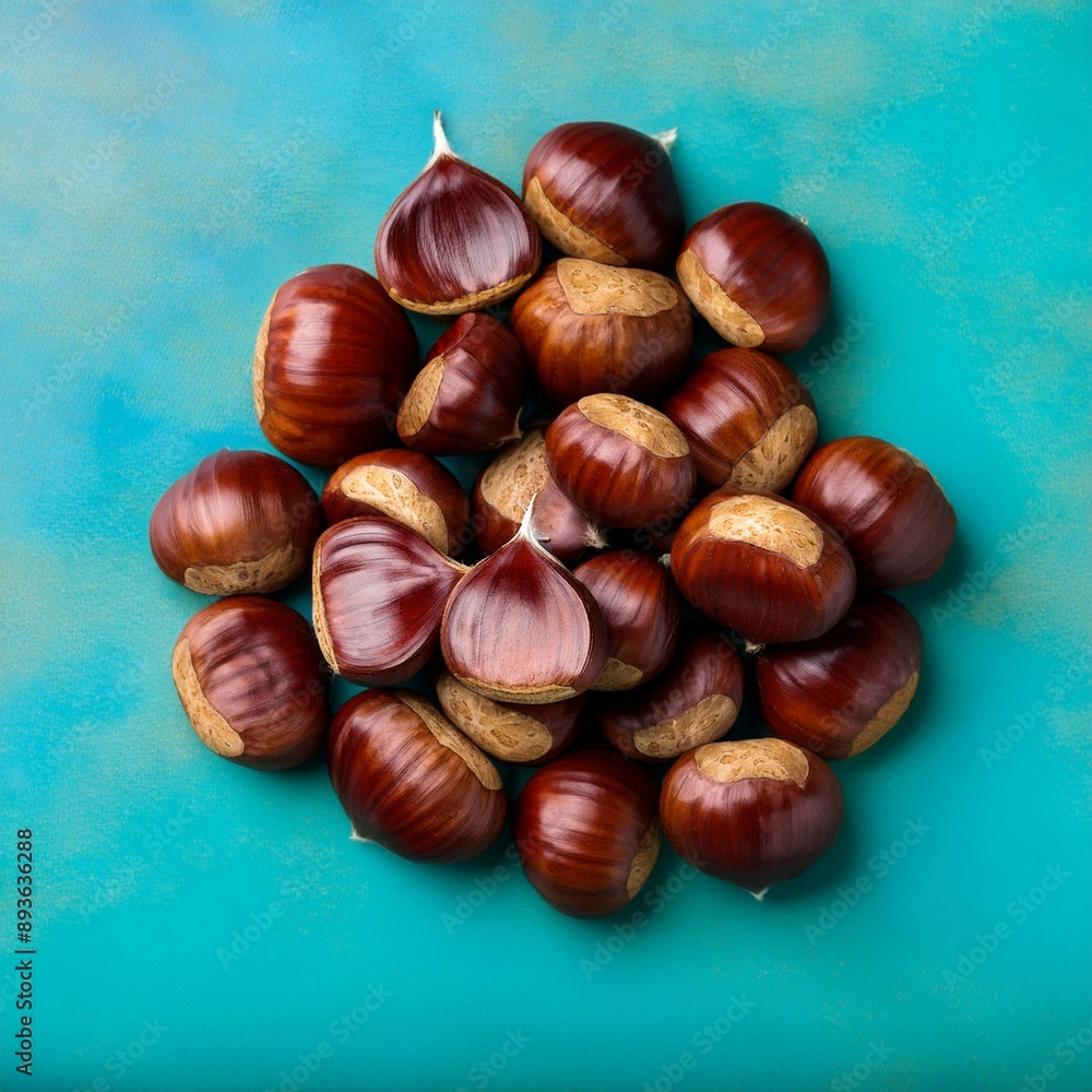 Top view on heap of chestnuts. Pile of ripe chestnuts for food background. Generative AI Top view on heap of chestnuts. Pile of ripe chestnuts for food background. Generative AI